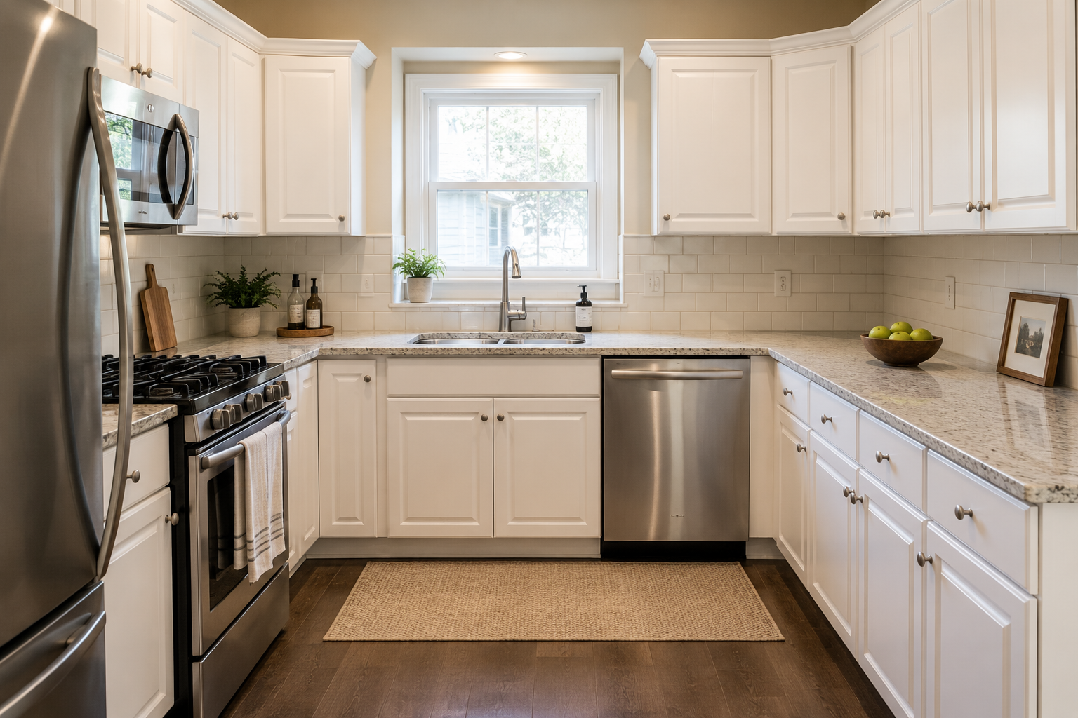 Bright white kitchen with granite counters after a Lidia clean