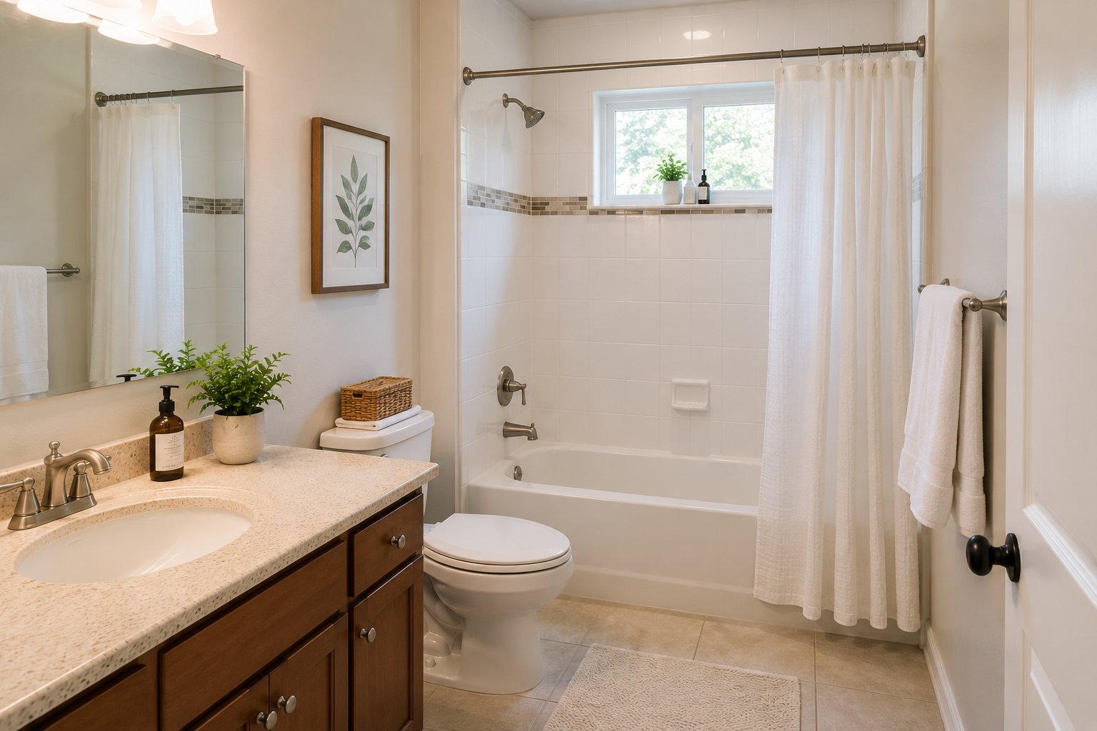 Sparkling bathroom with polished fixtures and tidy vanity