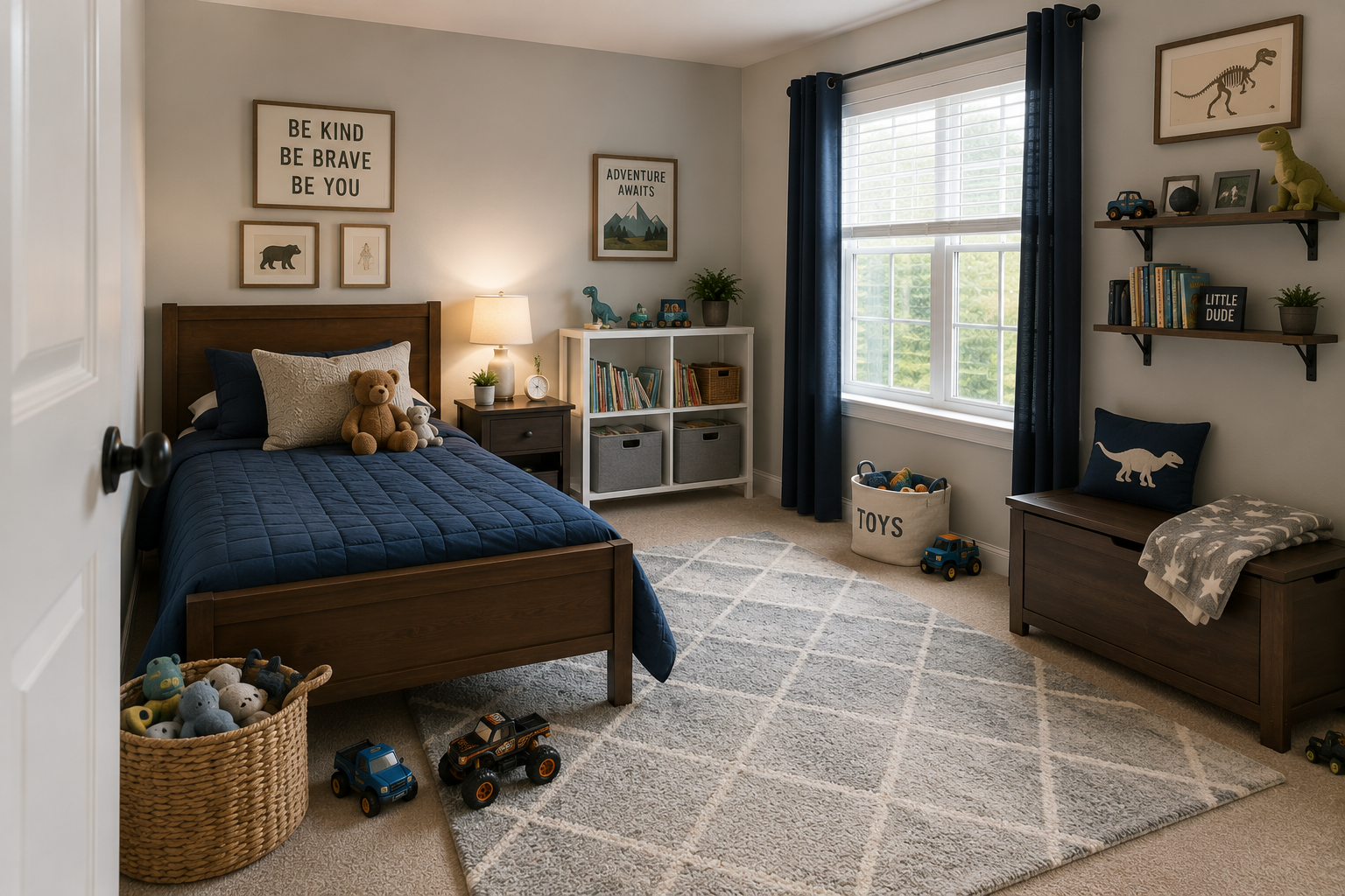 Neat and tidy kids' bedroom with organized toys